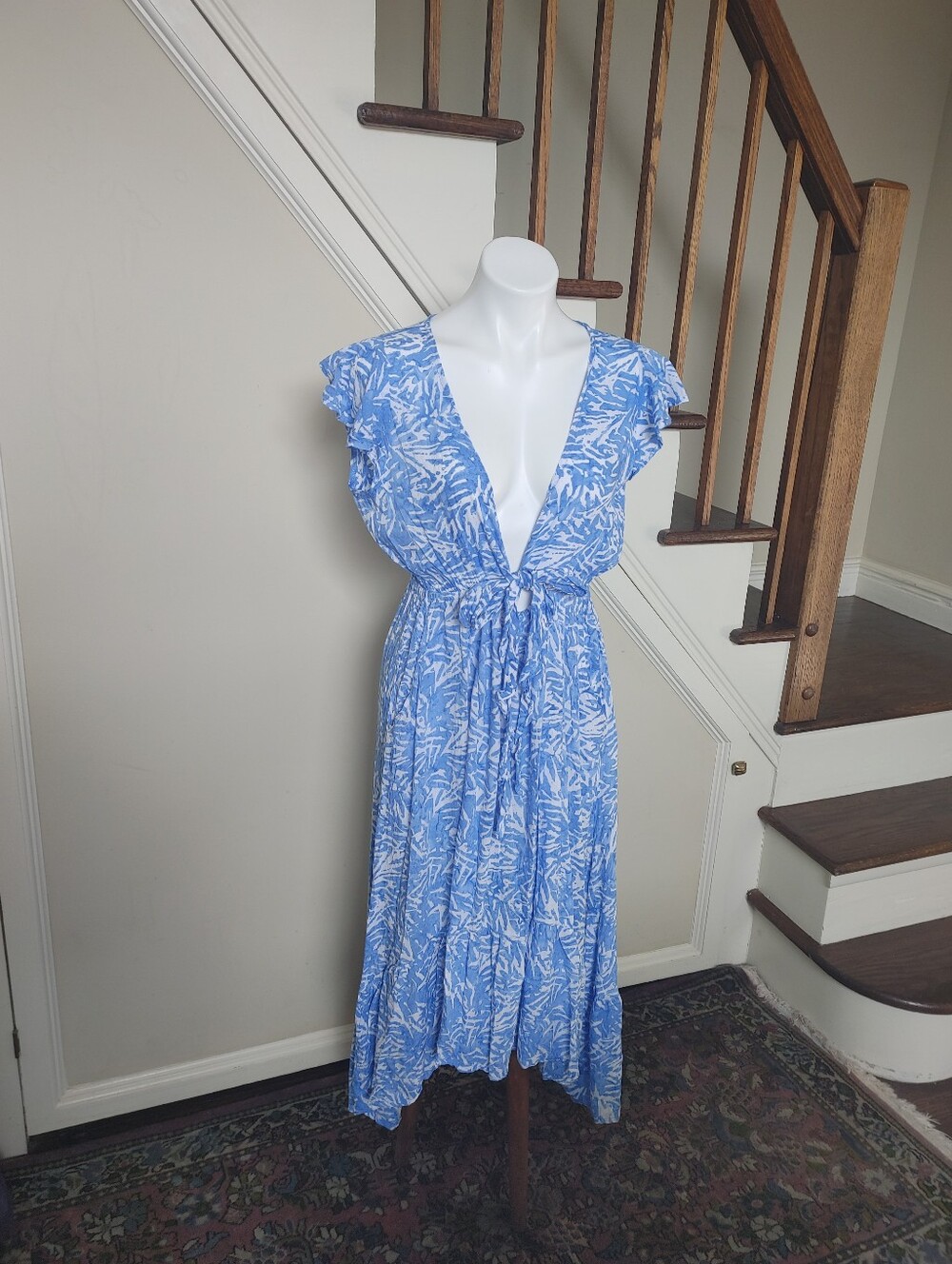 Tiare Hawaii Light Blue Printed V-Neck Tie-Waist Midi Coverup Dress OS One Size